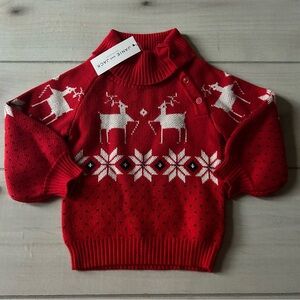 NWT Janie and Jack Red Cowlneck Reindeer Fair Isle Snowflake Holiday Sweater